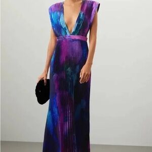 Gala Gown by L'IDÉE - Purple and Blue Plunge Neck Cap Sleeve Maxi Dress
